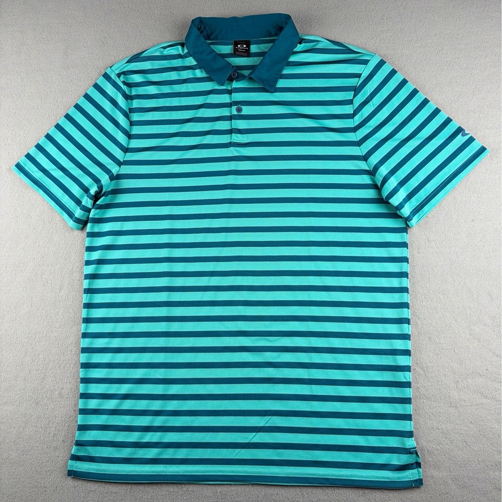 Oakley Men's Golf Polo XL Regular Fit Teal Navy Striped Performance Shirt
